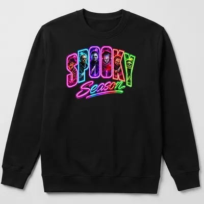 Neon horror movie villains graphic with 'SPOOKY Season' text in vivid colors — printed on a unisex sweatshirt
