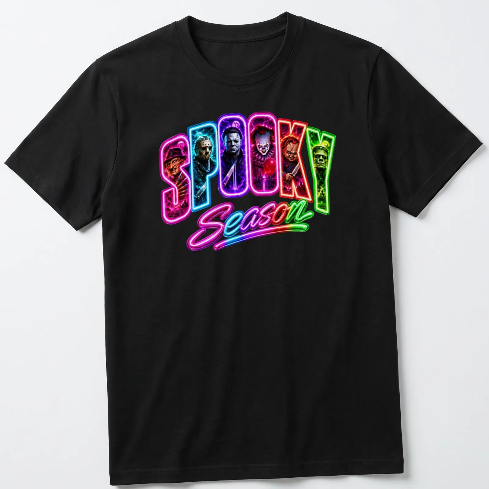 Neon horror movie villains graphic with 'SPOOKY Season' text in vivid colors — printed on a unisex t-shirt