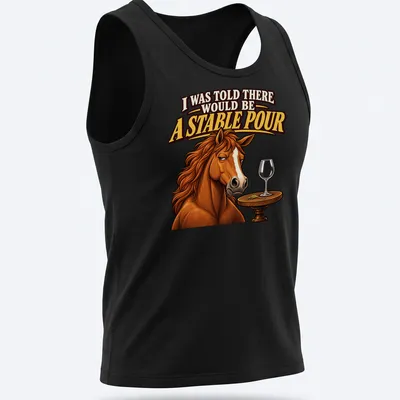 Cartoon horse graphic with text about a stable pour in warm colors. — printed on a tank top