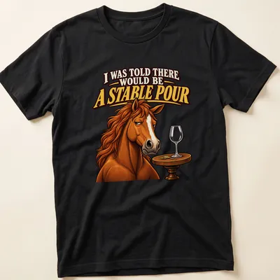 Cartoon horse graphic with text about a stable pour in warm colors.