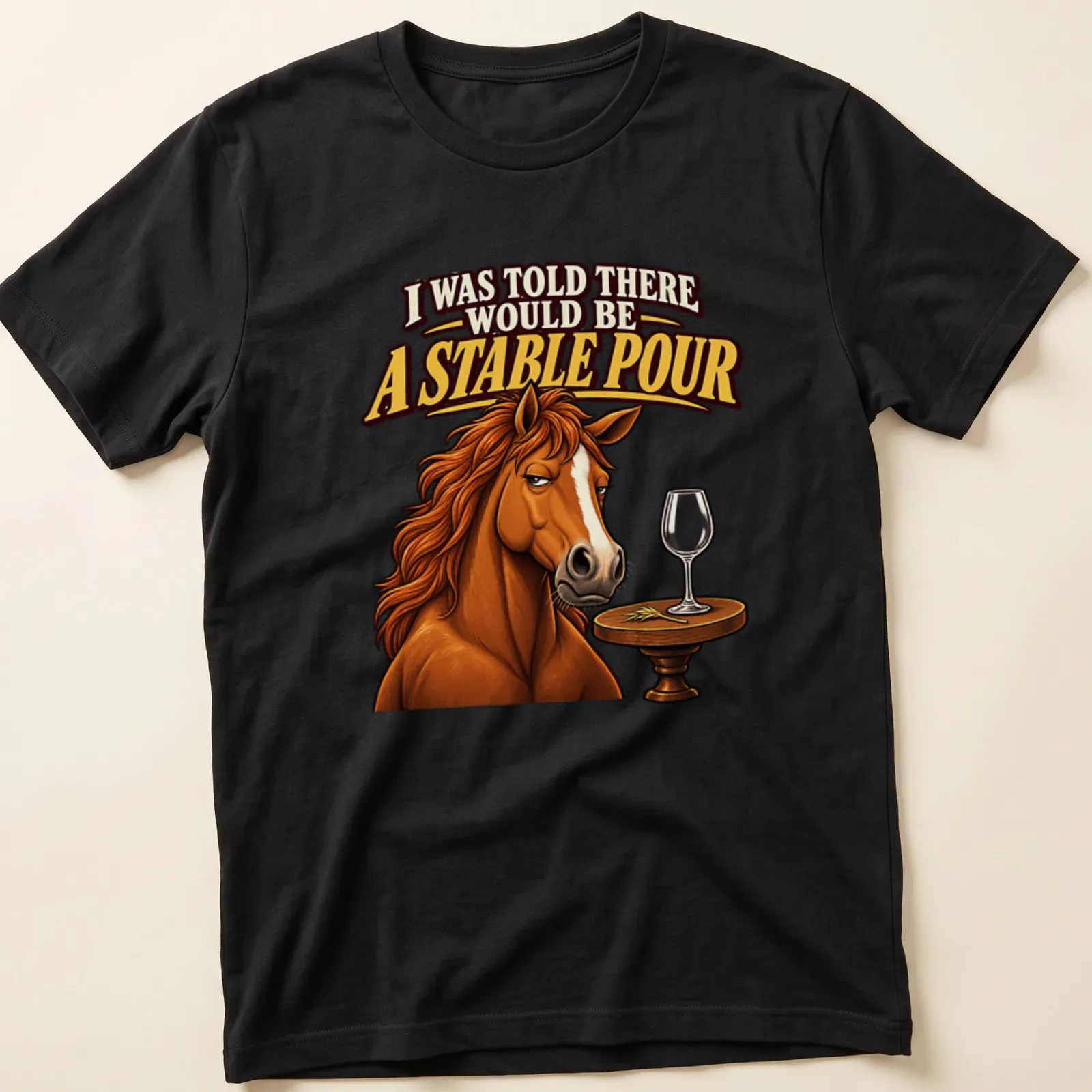 Cartoon horse graphic with text about a stable pour in warm colors. — printed on a unisex t-shirt