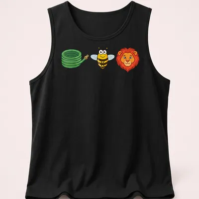 Cartoon of a happy bee, green garden hose, and lion head in vibrant colors — printed on a tank top