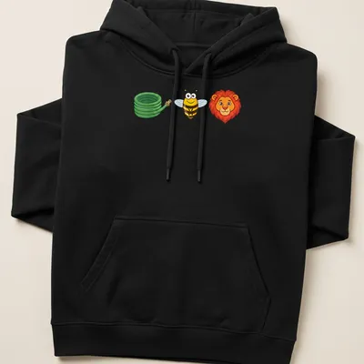 Cartoon of a happy bee, green garden hose, and lion head in vibrant colors — printed on a unisex hoodie