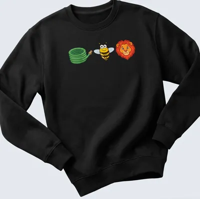 Cartoon of a happy bee, green garden hose, and lion head in vibrant colors — printed on a unisex sweatshirt