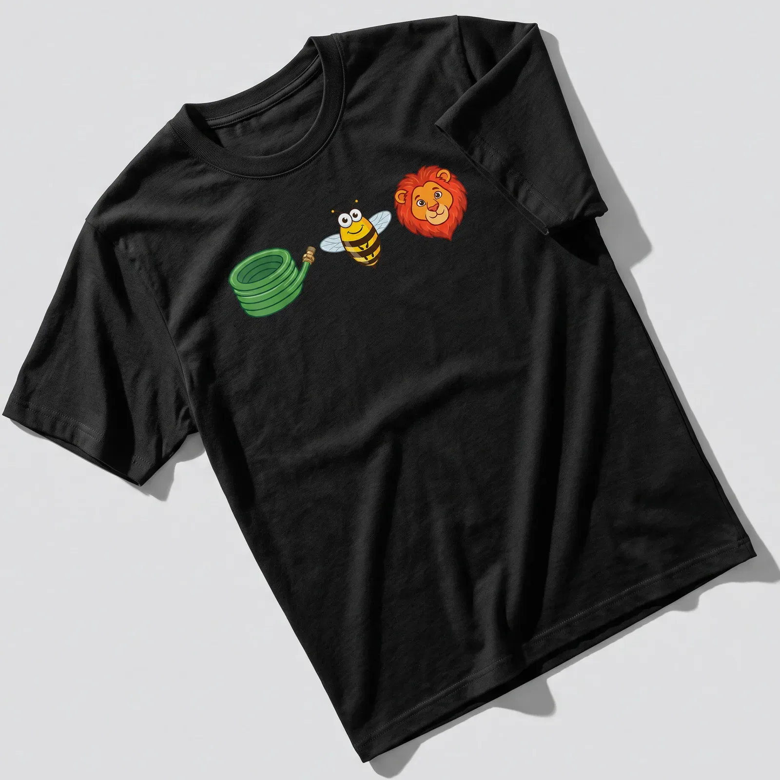 Cartoon of a happy bee, green garden hose, and lion head in vibrant colors — printed on a unisex t-shirt