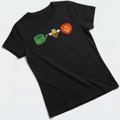Cartoon of a happy bee, green garden hose, and lion head in vibrant colors — printed on a women's shirt