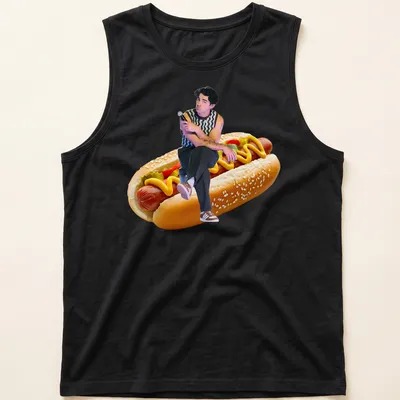 Funny illustration of Joe Jonas sitting on a hot dog with colorful toppings. — printed on a tank top