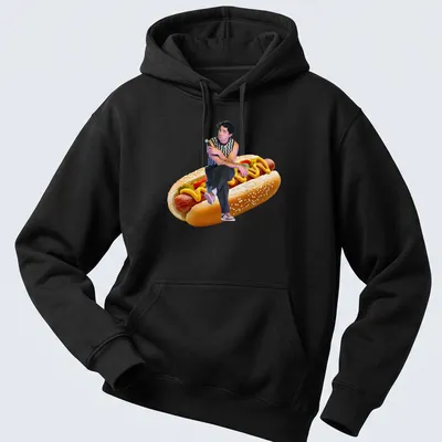 Funny illustration of Joe Jonas sitting on a hot dog with colorful toppings. — printed on a unisex hoodie