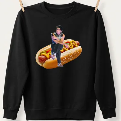 Funny illustration of Joe Jonas sitting on a hot dog with colorful toppings. — printed on a unisex sweatshirt