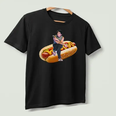 Funny illustration of Joe Jonas sitting on a hot dog with colorful toppings. — printed on a unisex t-shirt (angled view)