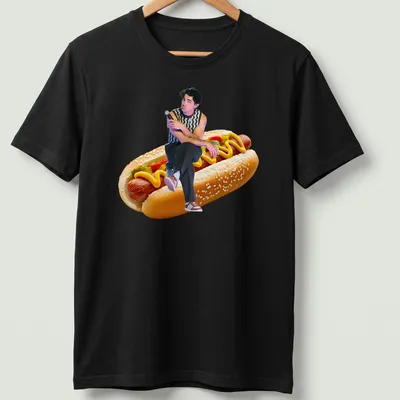 Funny illustration of Joe Jonas sitting on a hot dog with colorful toppings.