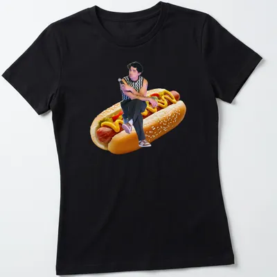 Funny illustration of Joe Jonas sitting on a hot dog with colorful toppings. — printed on a women's shirt