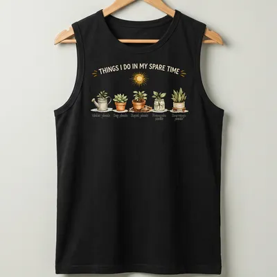 Watercolor print of houseplants with the text 'Things I Do In My Spare Time' — printed on a tank top