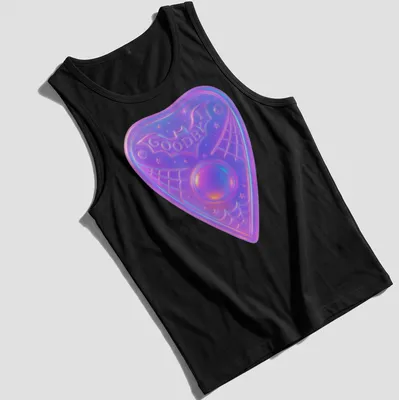 Iridescent Ouija board planchette with the word 'Goodbye' in purple, pink, blue, and white. — printed on a tank top