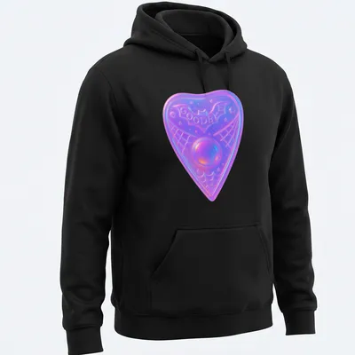 Iridescent Ouija board planchette with the word 'Goodbye' in purple, pink, blue, and white. — printed on a unisex hoodie