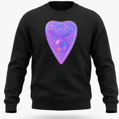 Iridescent Ouija board planchette with the word 'Goodbye' in purple, pink, blue, and white. — printed on a unisex sweatshirt