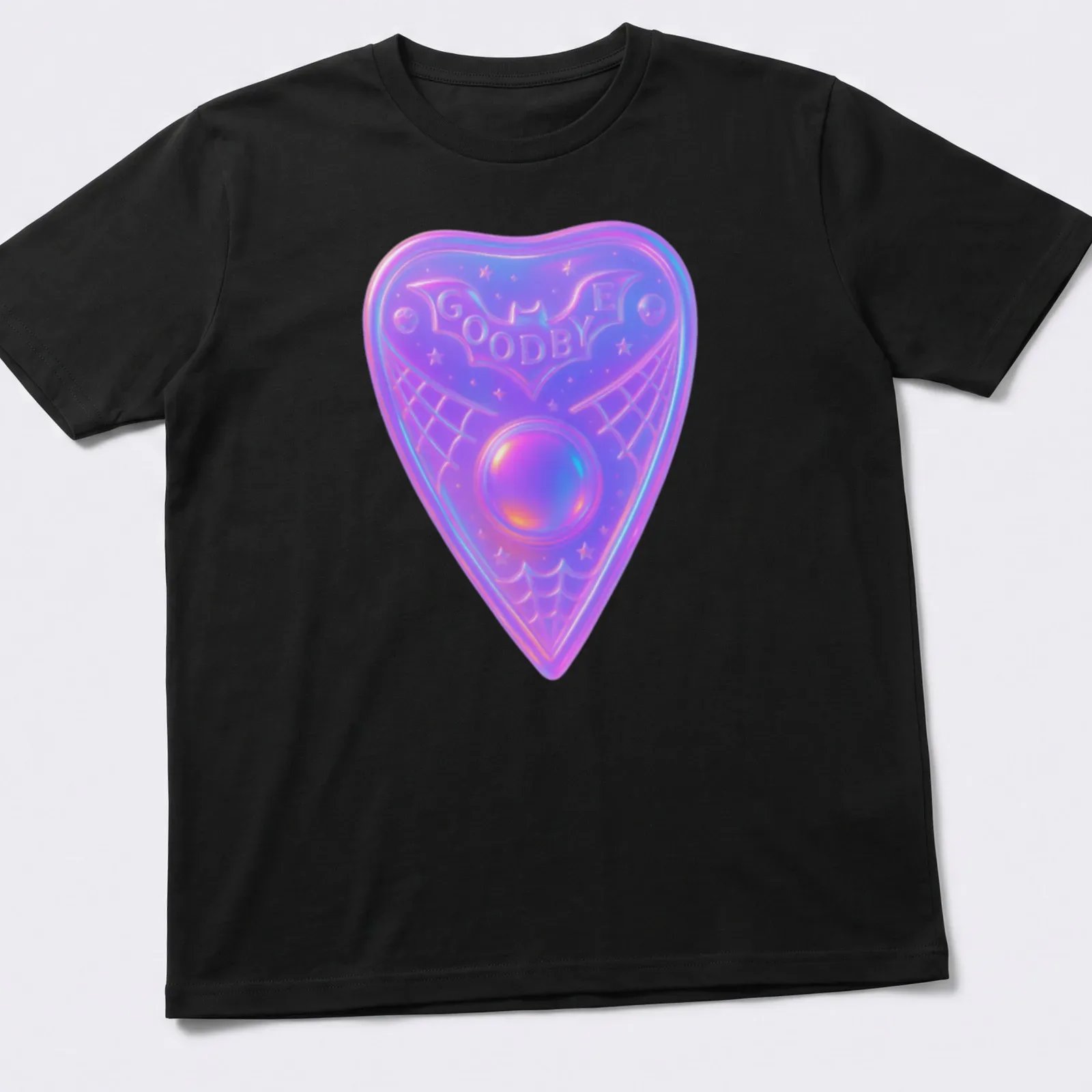 Iridescent Ouija board planchette with the word 'Goodbye' in purple, pink, blue, and white. — printed on a unisex t-shirt
