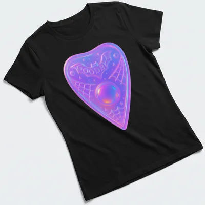 Iridescent Ouija board planchette with the word 'Goodbye' in purple, pink, blue, and white. — printed on a women's shirt