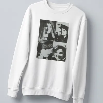 Black and white pop art print of Jacqueline Kennedy with bold text. — printed on a unisex sweatshirt