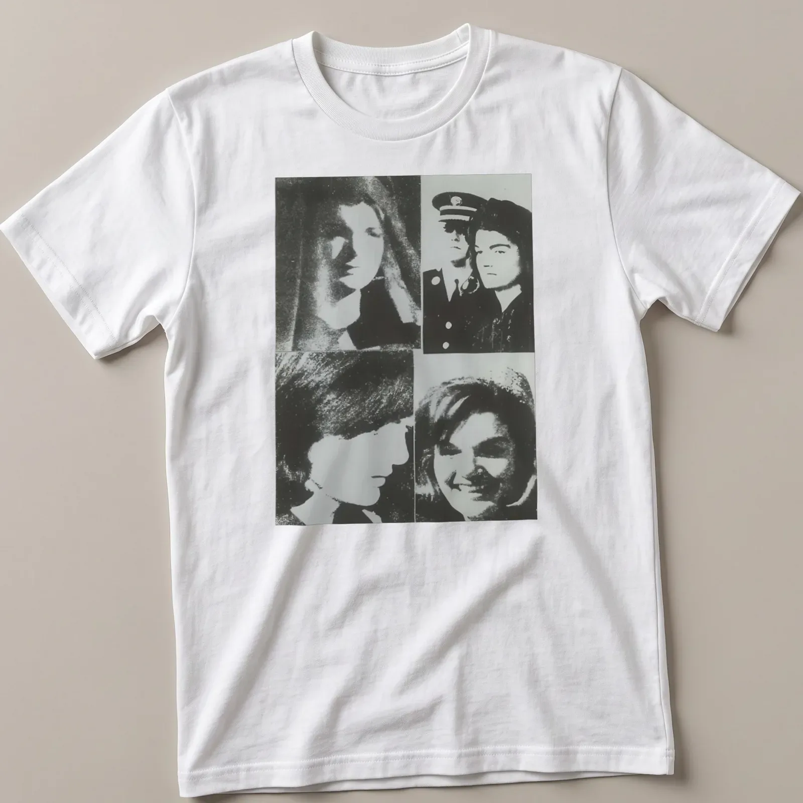 Black and white pop art print of Jacqueline Kennedy with bold text. — printed on a unisex t-shirt