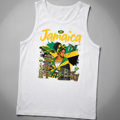 Vibrant illustration of Jamaica flag and culture with colorful text. — printed on a tank top