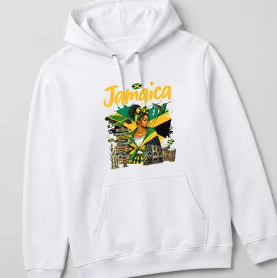 Vibrant illustration of Jamaica flag and culture with colorful text. — printed on a unisex hoodie