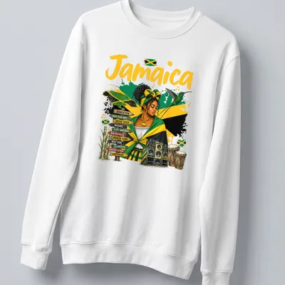 Vibrant illustration of Jamaica flag and culture with colorful text. — printed on a unisex sweatshirt