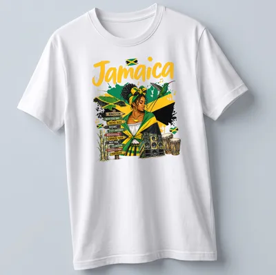 Vibrant illustration of Jamaica flag and culture with colorful text.