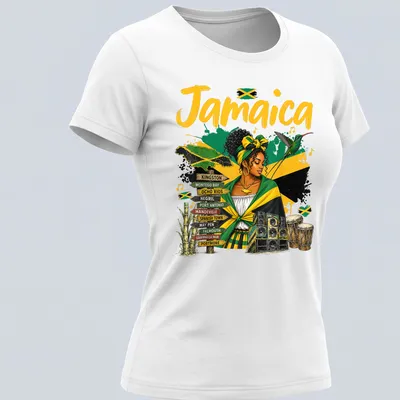 Vibrant illustration of Jamaica flag and culture with colorful text. — printed on a women's shirt