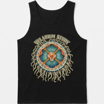 Illustration of a jellyfish with anatomical details and VELARIUM STUDY text — printed on a tank top
