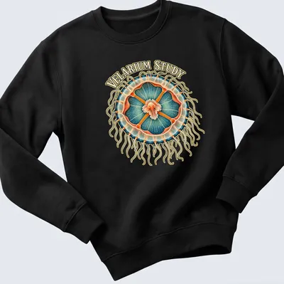 Illustration of a jellyfish with anatomical details and VELARIUM STUDY text — printed on a unisex sweatshirt