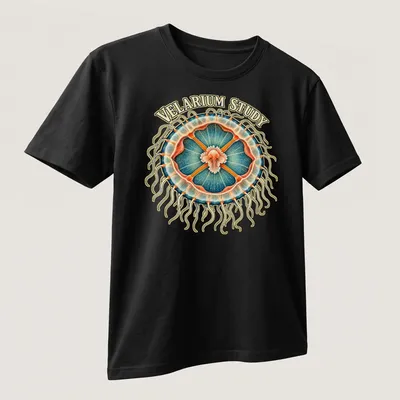 Illustration of a jellyfish with anatomical details and VELARIUM STUDY text — printed on a unisex t-shirt (angled view)