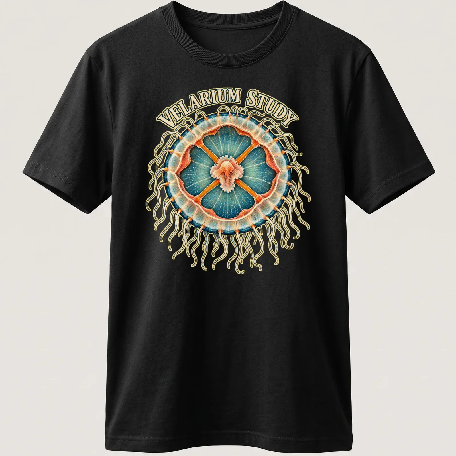 Illustration of a jellyfish with anatomical details and VELARIUM STUDY text — printed on a unisex t-shirt