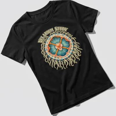 Illustration of a jellyfish with anatomical details and VELARIUM STUDY text — printed on a women's shirt