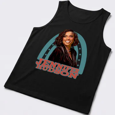 Vibrant illustration of Jennifer Hudson with colorful text in black, red, blue, green, and white — printed on a tank top
