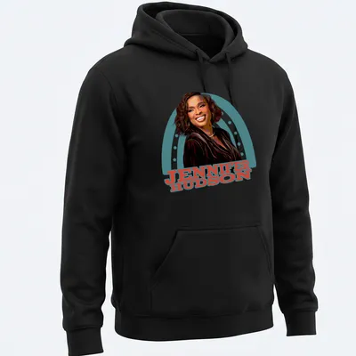 Vibrant illustration of Jennifer Hudson with colorful text in black, red, blue, green, and white — printed on a unisex hoodie