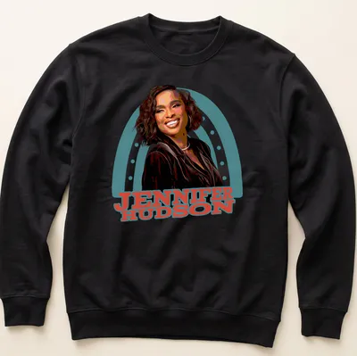 Vibrant illustration of Jennifer Hudson with colorful text in black, red, blue, green, and white — printed on a unisex sweatshirt