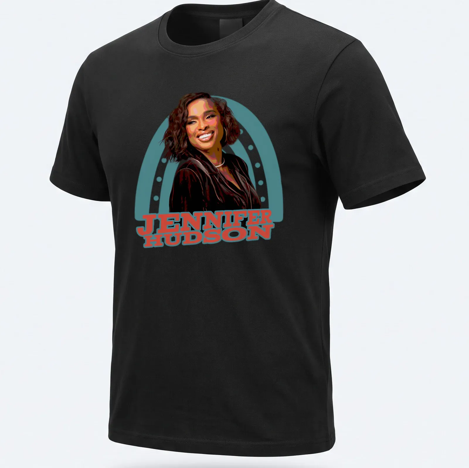 Vibrant illustration of Jennifer Hudson with colorful text in black, red, blue, green, and white — printed on a unisex t-shirt