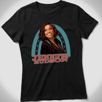 Vibrant illustration of Jennifer Hudson with colorful text in black, red, blue, green, and white — printed on a women's shirt