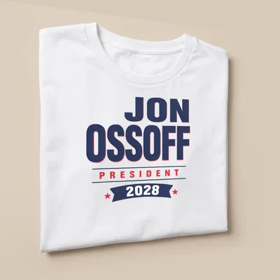 Bold typography Jon Ossoff 2028 Presidential campaign — printed on a unisex t-shirt (angled view)