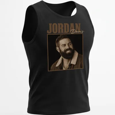 Vintage sepia Jordan Davis t-shirt featuring country music star text — printed on a tank top