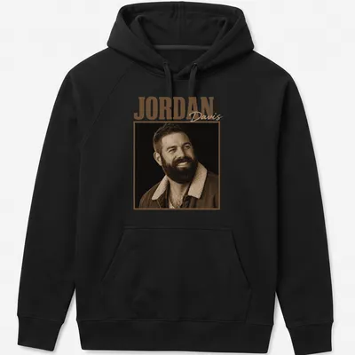 Vintage sepia Jordan Davis t-shirt featuring country music star text — printed on a unisex hoodie