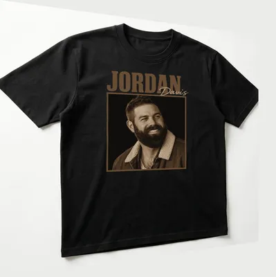 Vintage sepia Jordan Davis t-shirt featuring country music star text — printed on a unisex t-shirt (angled view)