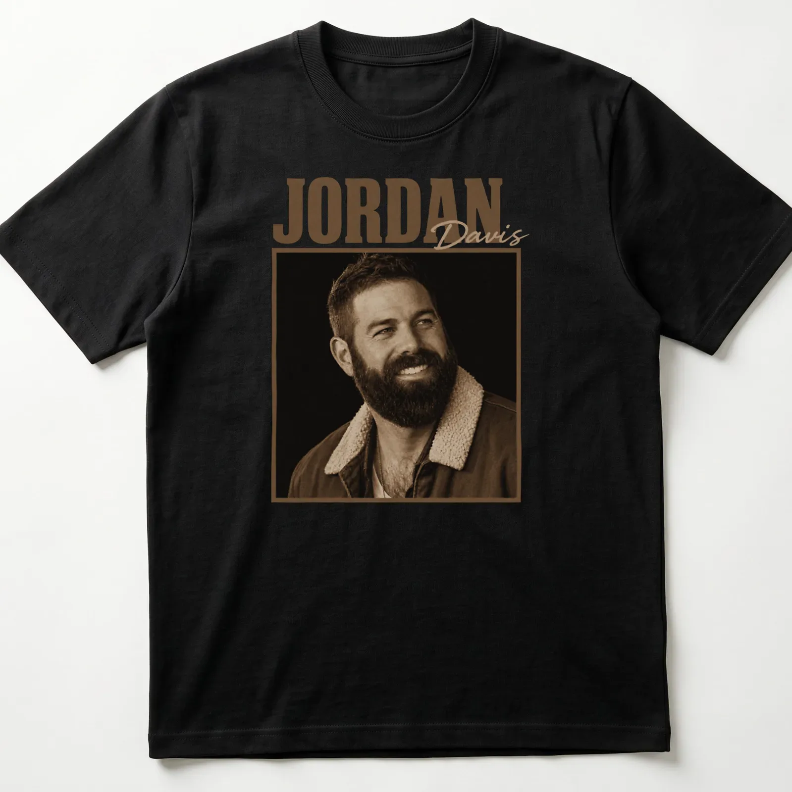 Vintage sepia Jordan Davis t-shirt featuring country music star text — printed on a unisex t-shirt