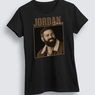 Vintage sepia Jordan Davis t-shirt featuring country music star text — printed on a women's shirt