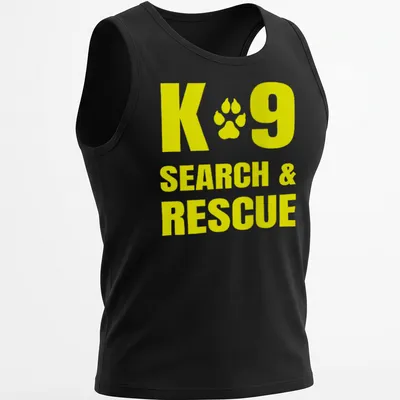 Yellow typography shirt featuring K9 Search & Rescue text — printed on a tank top
