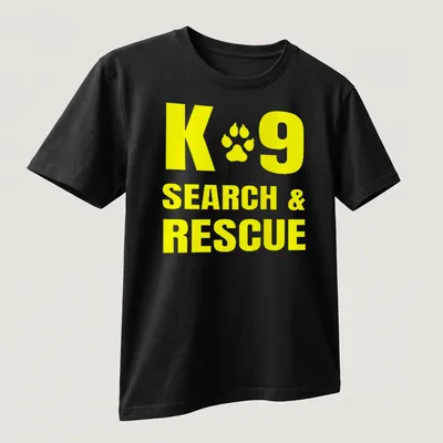 Yellow typography shirt featuring K9 Search & Rescue text — printed on a unisex t-shirt (angled view)