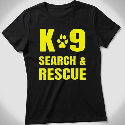 Yellow typography shirt featuring K9 Search & Rescue text — printed on a women's shirt