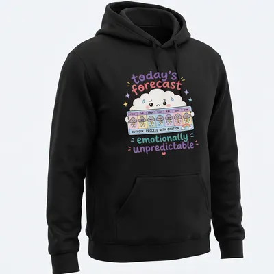 Kawaii cloud design with playful text about unpredictable emotions in pastel colors — printed on a unisex hoodie