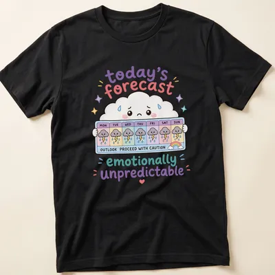 Kawaii cloud design with playful text about unpredictable emotions in pastel colors